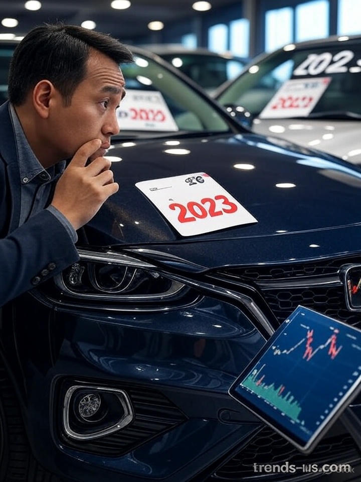 An image showcasing high car prices in 2023 at a dealership, with a price tag displaying the surge in costs. A customer examines the vehicle while a financial chart showing rising car prices can be seen in the background