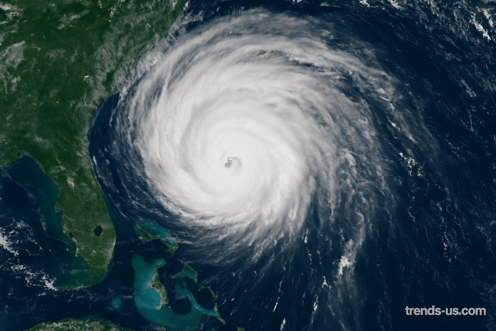 A detailed satellite image showing Hurricane Erin over the Atlantic Ocean, capturing its powerful eye and swirling cloud bands during its record-breaking rapid intensification.