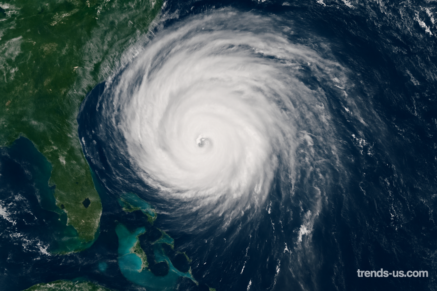 A detailed satellite image showing Hurricane Erin over the Atlantic Ocean, capturing its powerful eye and swirling cloud bands during its record-breaking rapid intensification.