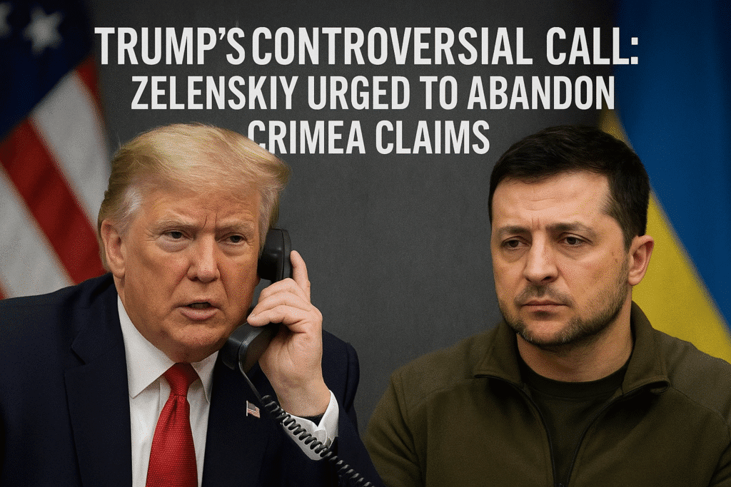 Former U.S. President Donald Trump on a phone call with Ukrainian President Volodymyr Zelenskiy, illustrating the controversial call where Trump urged Zelenskiy to abandon Crimea claims.