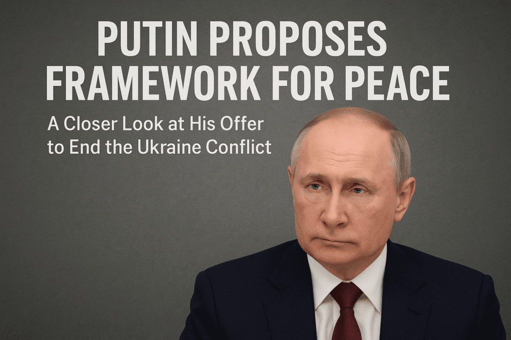 Russian President Vladimir Putin in a formal suit and red tie, pictured with a headline about his proposed framework for peace, highlighting his offer to end the Ukraine conflict.