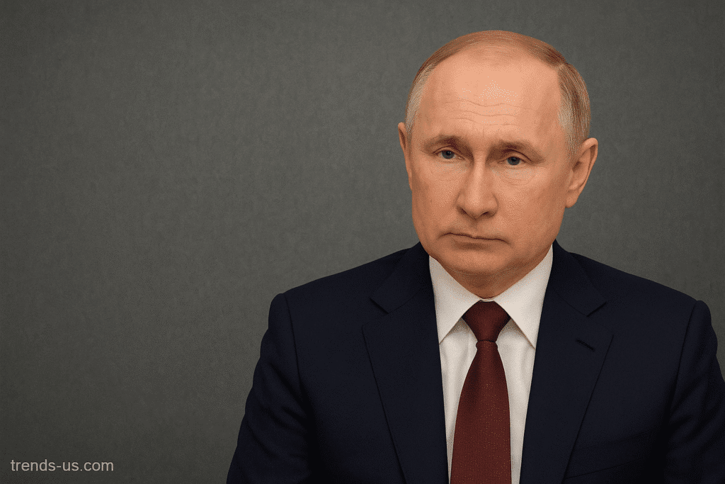Russian President Vladimir Putin wearing a navy suit and red tie against a gray backdrop, representing his proposed framework for peace in the Ukraine conflict.