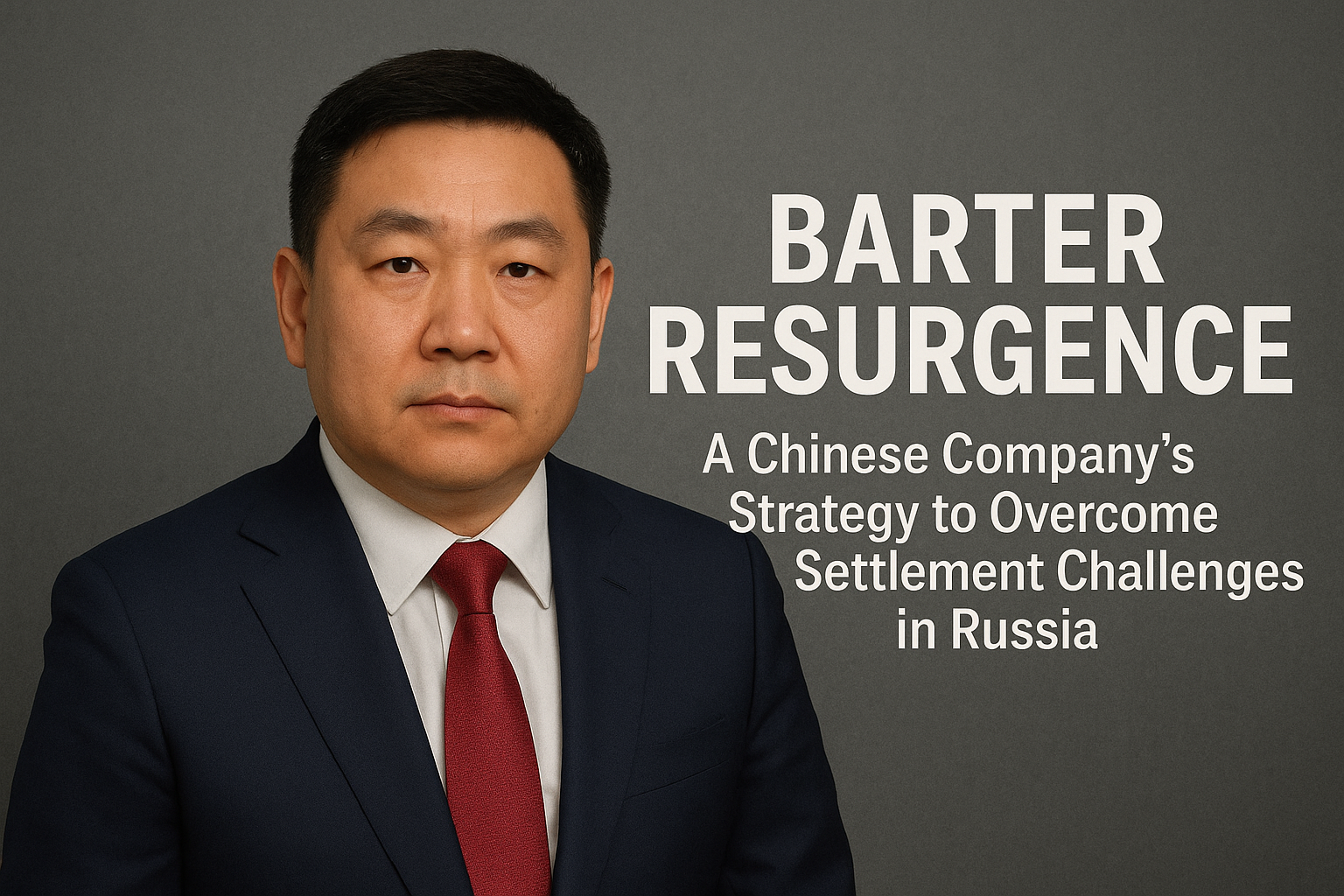 A middle-aged Chinese businessman in a navy suit and red tie against a gray background, representing a company’s barter strategy to navigate settlement challenges in Russia.