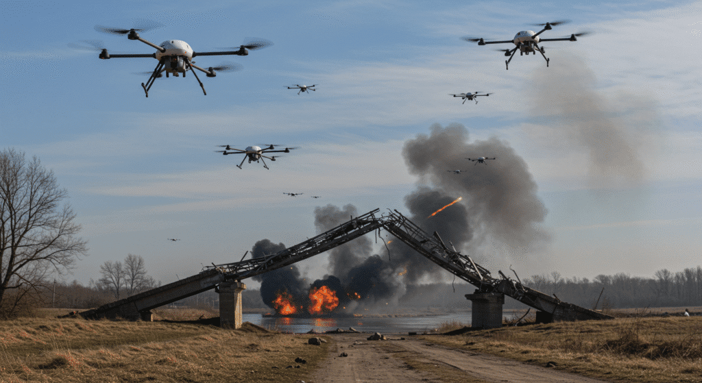 Ukrainian drones targeting a Russian bridge, with explosions and smoke in the background.
