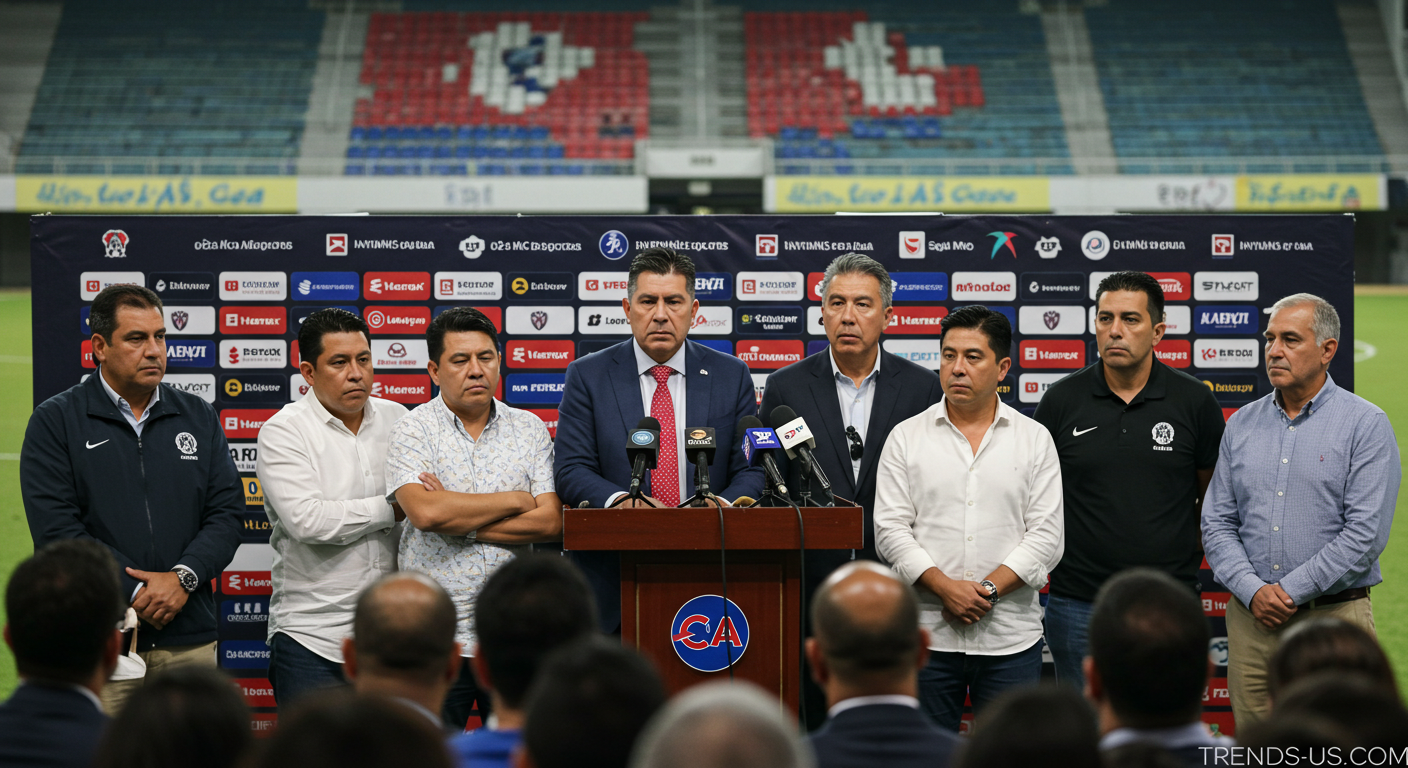 América and Liga MX officials at a press conference responding to the closure of Estadio Ciudad de los Deportes.