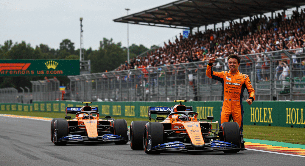 McLaren's Oscar Piastri celebrates securing pole position at the Dutch GP qualifying, with Lando Norris in the background.