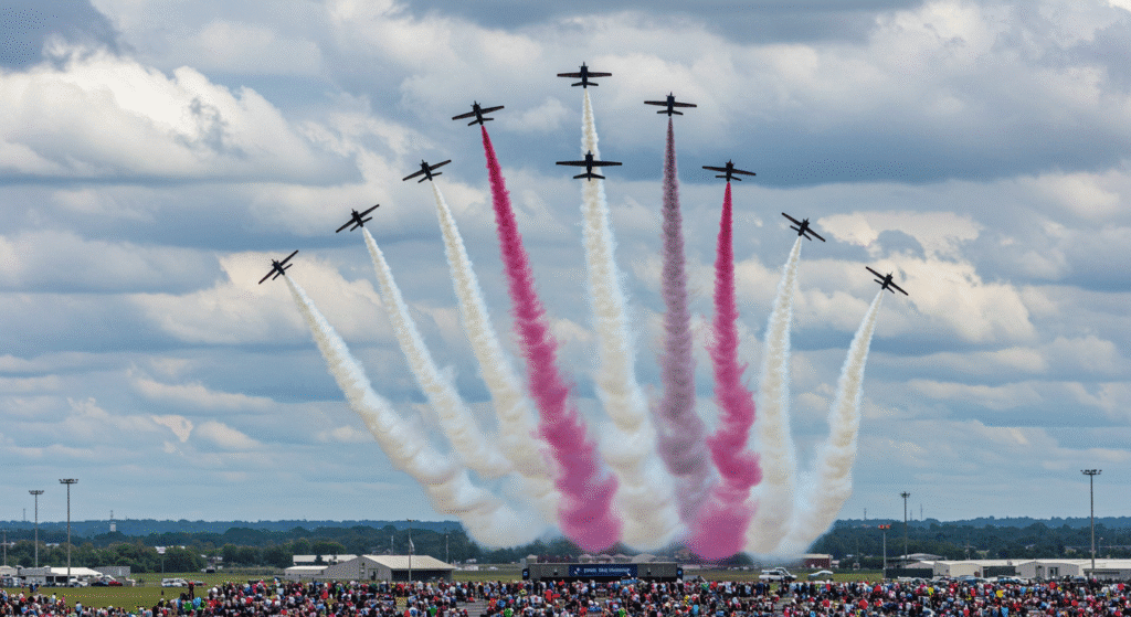 Aerial view of the 2025 Cleveland National Air Show featuring various aircraft performing aerobatics.