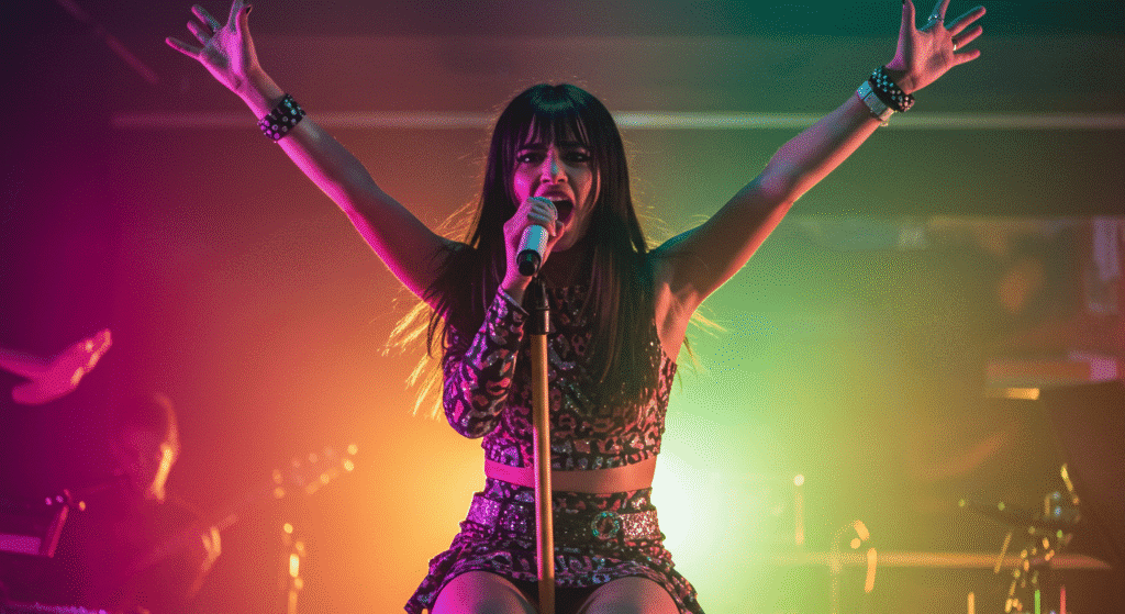 Camila Cabello reacts humorously to her corset popping open during a live performance