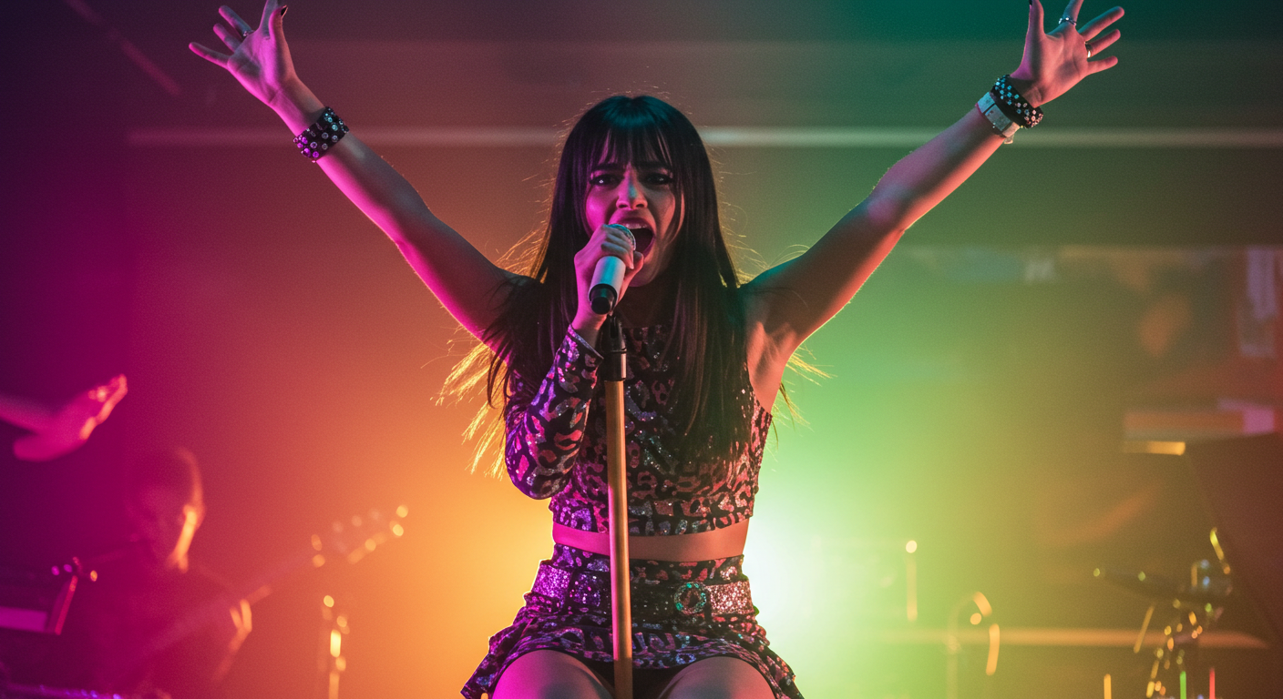 Camila Cabello reacts humorously to her corset popping open during a live performance