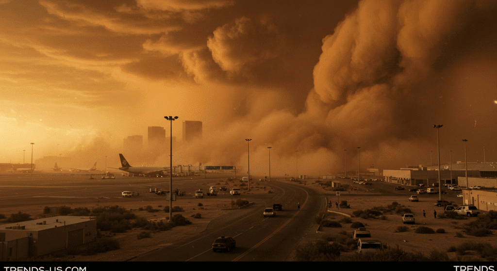 Haboob hitting Phoenix, Arizona in 2025, with a massive wall of dust disrupting flights and causing power outages. The image highlights the chaos and intensity of the storm, with grounded airplanes and people seeking shelter. Watermark 'trends-us.com' included in the bottom-right corner.