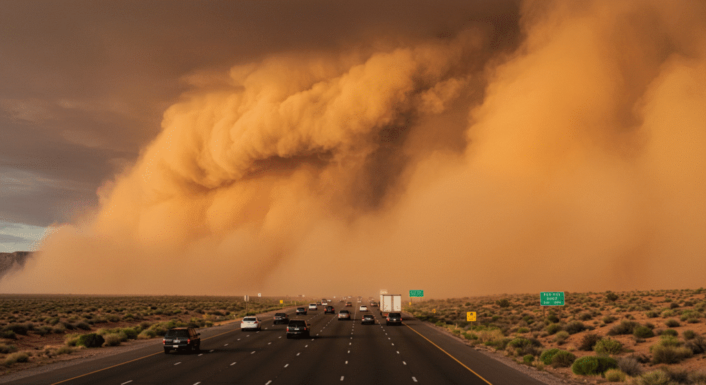 A massive dust storm in Arizona in 2025 disrupts traffic patterns and alters the weather dynamics, with reduced visibility and intense dust clouds affecting highway traffic.