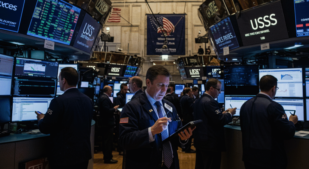 Traders reacting to the panic in US markets as news breaks about the potential dismissal of Fed Governor Lisa Cook. The image shows financial professionals in a tense stock exchange environment, with stock prices falling. Watermark 'trends-us.com' included in the bottom-right corner