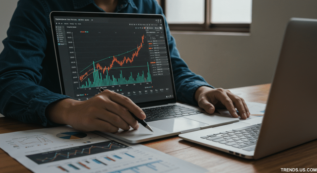 Investor analyzing their portfolio and financial data in a modern office, with a focus on charts and graphs showing Fed rate cut expectations in 2025. Watermark 'trends-us.com' included in the bottom-right corner.