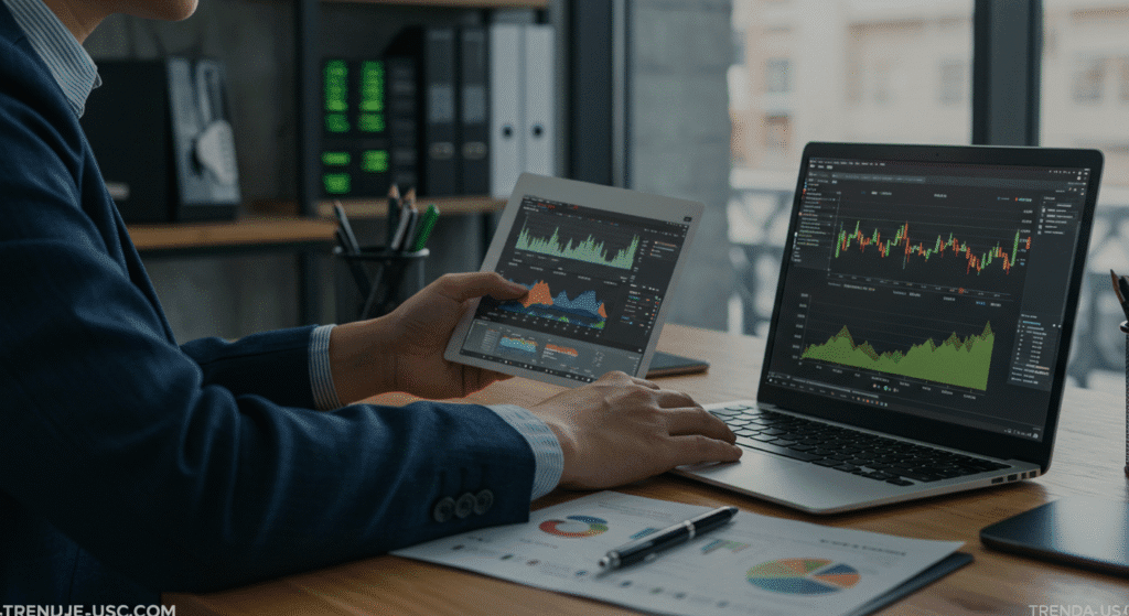 Investor analyzing the impact of AI earnings and Nvidia’s future, focusing on Nvidia’s stock price and financial projections in a modern office setting. Watermark 'trends-us.com' included in the bottom-right corner