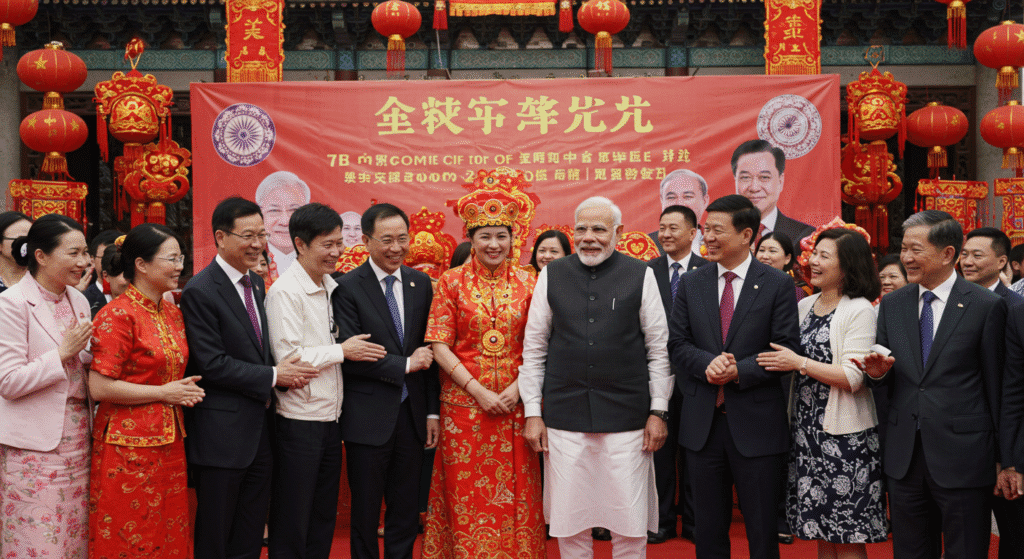 PM Modi receiving a warm welcome in China, surrounded by smiling officials and supporters.