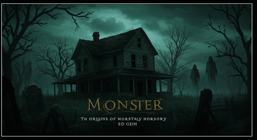 Haunting depiction of the origins of modern horror inspired by Ed Gein, featuring a shadowy farmhouse and eerie atmosphere