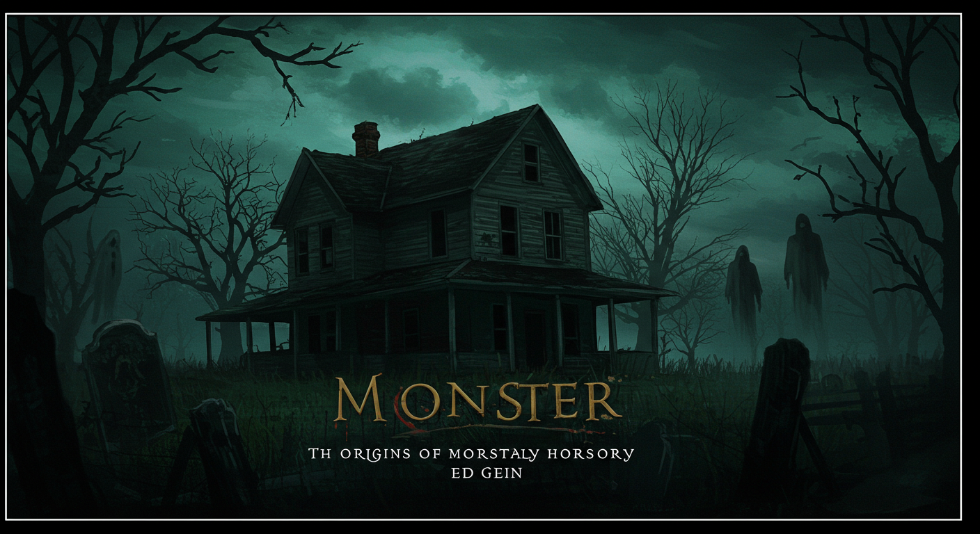 Haunting depiction of the origins of modern horror inspired by Ed Gein, featuring a shadowy farmhouse and eerie atmosphere