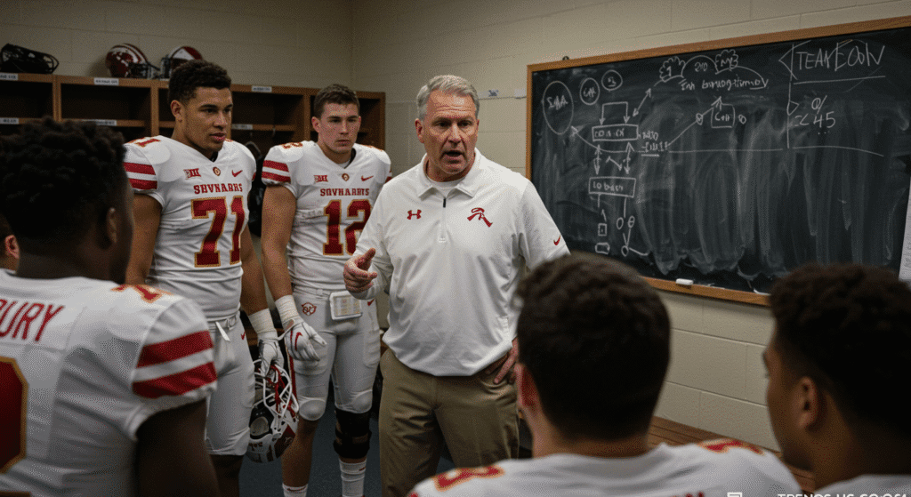 Coach Kalen DeBoer addressing his team in a locker room post-game, focusing on accountability and teamwork