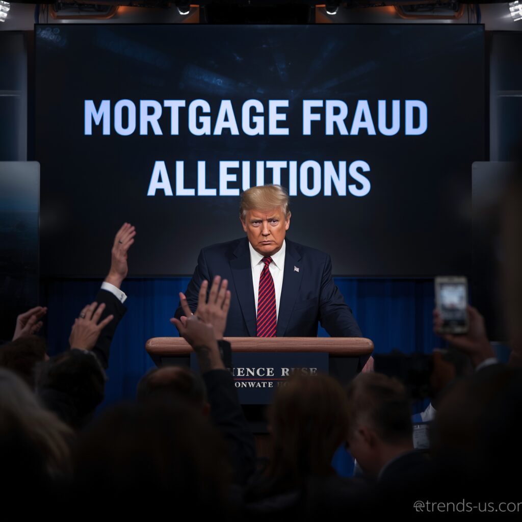 Trump addresses a press conference demanding the resignation of a Federal Reserve Governor amidst mortgage fraud allegations, with intense media attention and reporters raising their hands for questions.