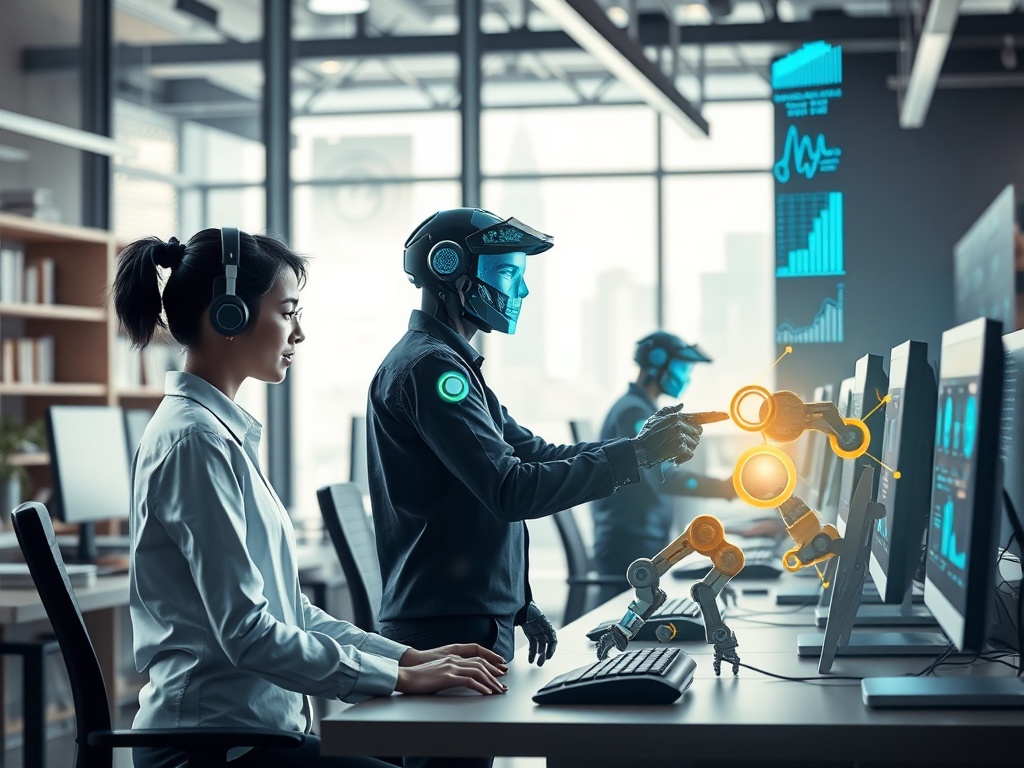 Image depicting AI technology influencing the future workforce, featuring a human and robot collaborating at a computer.