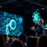 Jensen Huang delivering keynote on groundbreaking AI innovations at tech conference