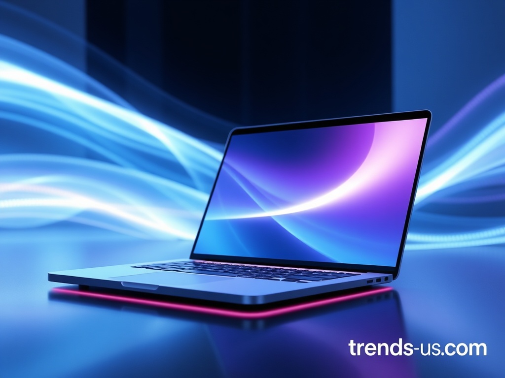 Imagem conceitual do MacBook Pro com conectividade 5G em um ambiente futurista.
